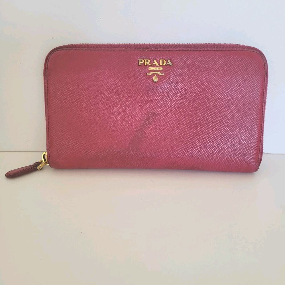 PRADA Authentic Pink Saffiano Leather Logo Wallet Zip Around Large Accordion